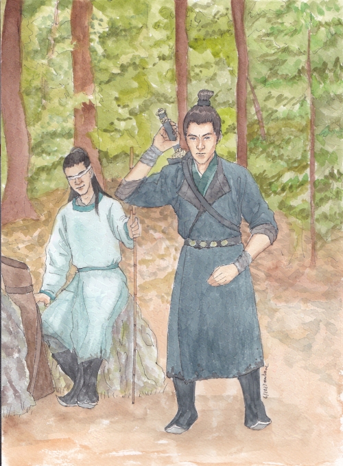 in a forest, Xiaoge ina defensive position about to draw his sword, blindfolded and smiling Hei Xiazi in the background